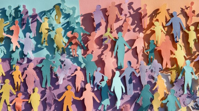 Colorful paper cutout people forming a diverse community background with vibrant overlapping figures representing inclusion, unity, equality, individuality, cultural diversity, and human connection