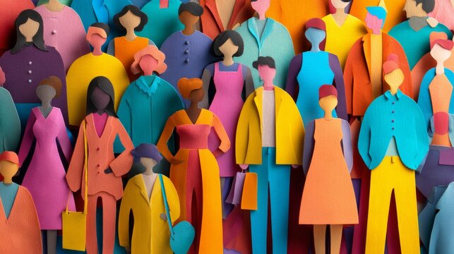 Colorful paper cutout people forming a diverse community background with vibrant overlapping figures representing inclusion, unity, equality, individuality, cultural diversity, and human connection