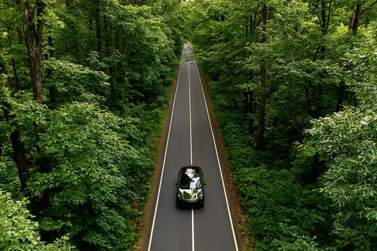 Electric car driving through green forest road