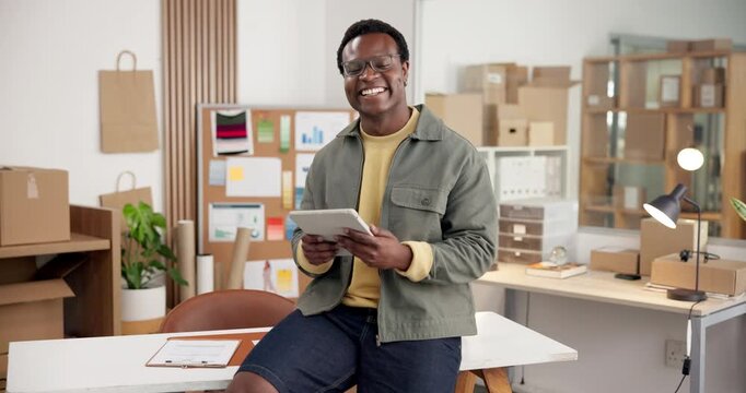 Black man, tablet and face in small business for logistics, stock control or contact us on website. Entrepreneur, tech or typing in startup for inventory update with happy for social media engagement