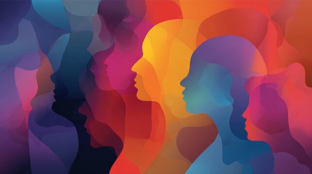 Vibrant abstract diversity and inclusion background with colorful flowing shapes representing unity, equality, connection, togetherness, cultural harmony, and a modern sense of community