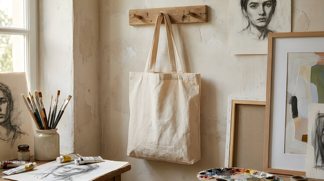 Blank canvas tote bag hanging on wooden peg rail in artist studio
