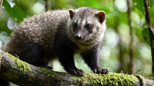 Close-up of a Ringtail Cat (Bassariscus astutus) perched on a moss-covered tree branch in a lush forest setting