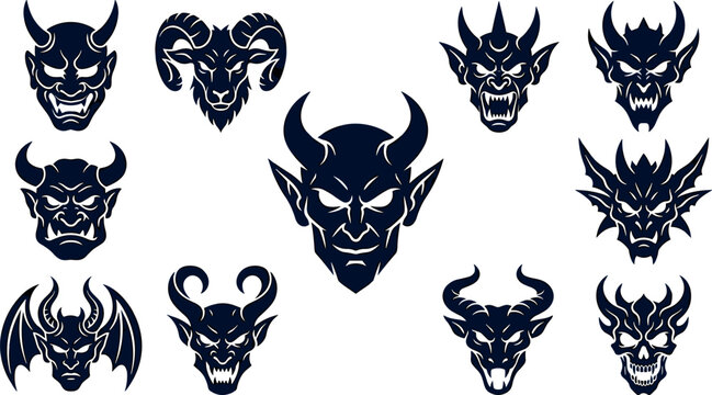 Demon head silhouette collection featuring evil devil gargoyle satanic goat and horned monster face vector set