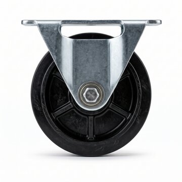 A close-up shot of a black caster wheel with a metal bracket attached. 