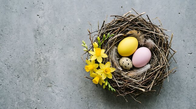 Nest with colored easter eggs and yellow daffodil flowers on a textured gray stone background