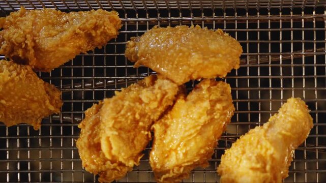 Close-up of crispy fried chicken wings with a golden coating in a metal fryer basket in a restaurant kitchen.