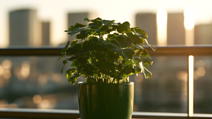 Obraz premium A lovely green clover plant in a bright green pot on a sunlit balcony, against a backdrop of the city skyline, evokes the essence of St. Patrick's Day, symbolizing themes of gardening or home decor