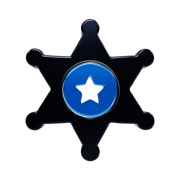 A3d rendered glossy black sheriff star badge with a vibrant blue circular center containing a black star cutout, isolated on a white background, featuring smooth reflective surfaces and depth