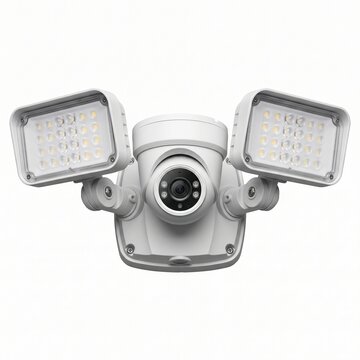 A modern white security floodlight camera mounted on an exterior wall, providing surveillance and illumination. 