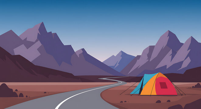 A colorful tent pitched on the side of a winding mountain road at dawn.