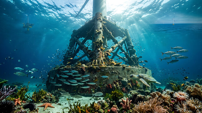 Detailed submerged wind turbine base hosting vibrant coral reef and sea turtle swimming in clear blue ocean water for renewable energy project.