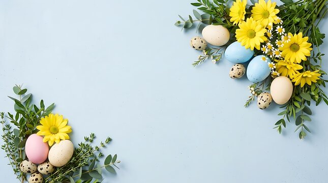 Flat lay easter composition with colorful eggs and fresh yellow flowers on a light blue background