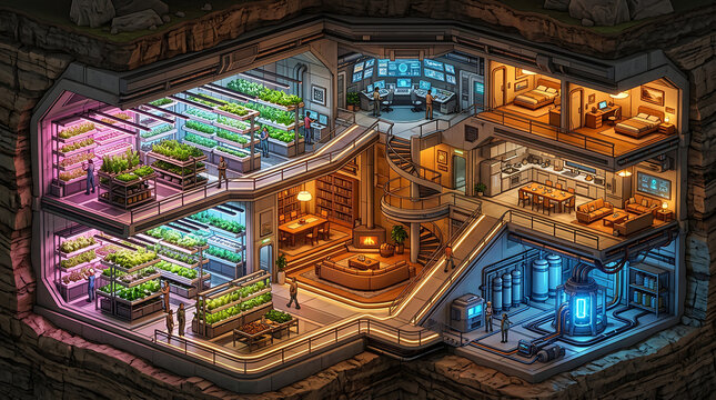 Underground modern bunker featuring hydroponic gardens energy core living spaces and technical labs for sustainable self sufficient survival.