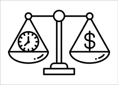 Time and money scale icon, balanced clock and currency symbols representing value, cost, efficiency, investment, and business priorities vector illustration