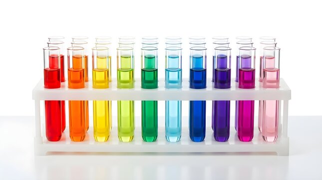 Science experiment rack with row of colorful chemical liquid test tubes laboratory equipment colorful chemicals scientific research chemistry set science lab liquid samples scientific study