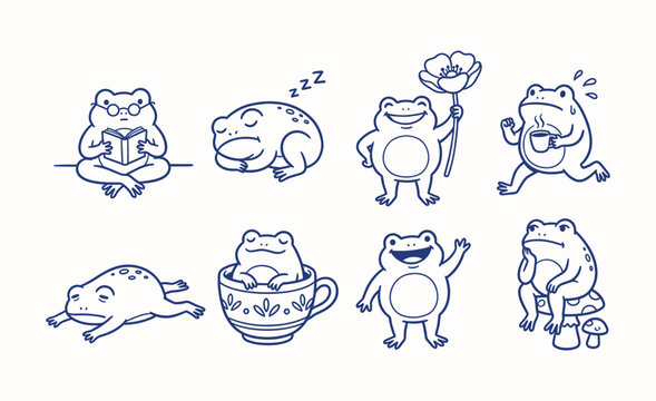 Set of cute cartoon frog characters in various daily activities