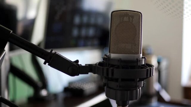 close up of a microphone and podcast setup