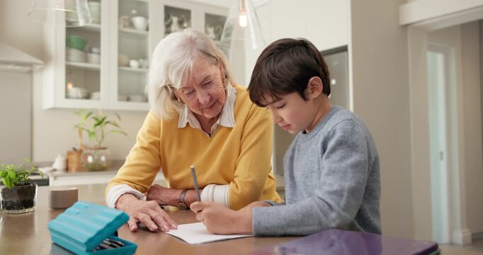 Grandmother, child and help with homework, school assessment and learning for development. Family, home and boy with senior woman for answer, studying and support for education, knowledge and growth