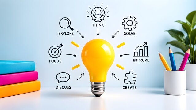 Yellow lightbulb surrounded by hand-drawn strategy icons and text labels representing the creative brainstorming and business problem solving process