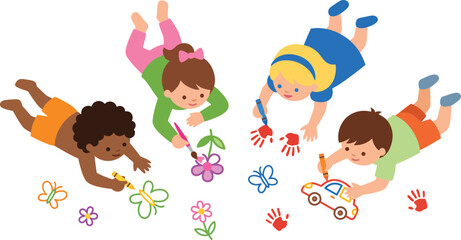 Fototapeta premium Diverse group of children drawing on the floor, happy kids painting and sketching together, multicultural preschool students creative art activity vector