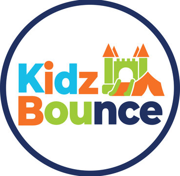 Kidz Bounce logo with bouncy castle icon, colorful inflatable play center emblem, vibrant children entertainment vector illustration