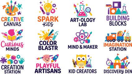 Fototapeta premium Colorful kids education logo set, 12 creative learning icons for art and science, playful school branding elements for children's workshops