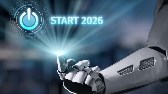 A close-up of a futuristic robot hand poised to touch a glowing power button, symbolizing the launch into the year 2026, embodying innovation and technological advancement. Salient