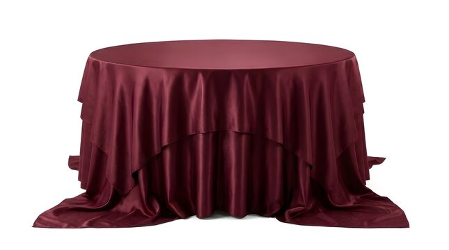 Round table draped with luxurious deep burgundy satin cloth isolated on a pure white background for elegant event planning concepts