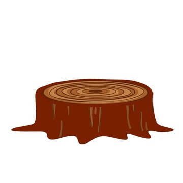 Brown wooden tree stump with visible growth rings, cartoon vector illustration isolated on white background.