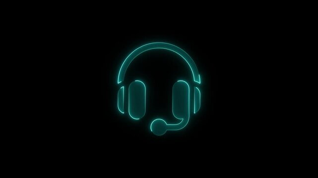 Neon headset icon glowing with bright blue light against dark black background representing customer support service.