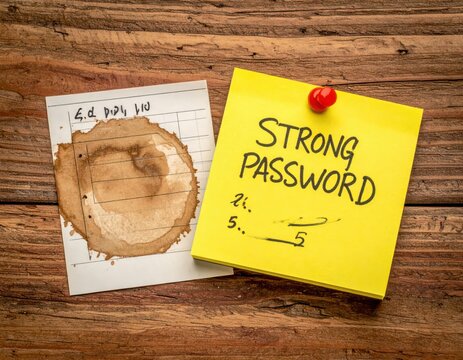 Strong Password Reminder on Sticky Note Next to Coffee Stain on Wooden Table Surface