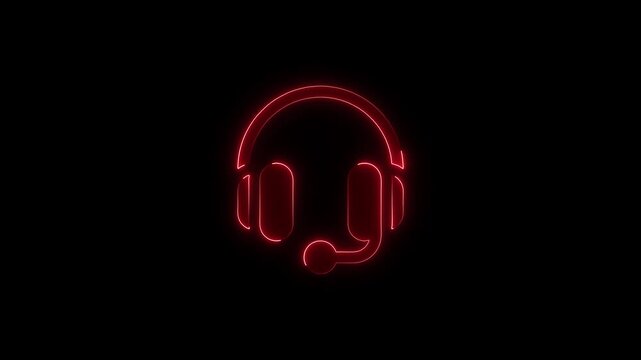 Headphones icon glowing red neon on black background, dynamic animation of technology and communication symbol.