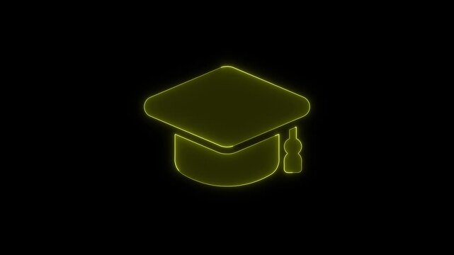 Glowing graduation hat line animation on black background moving footage, seamless loopable education cap for academic success motion graphic.