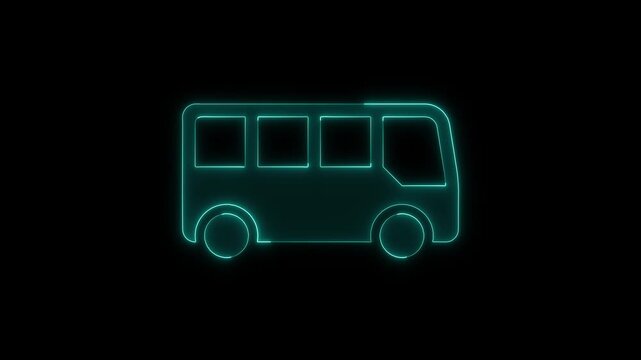 Neon blue bus icon lighting up with smooth glowing motion effect isolated on black background for travel transit interface.