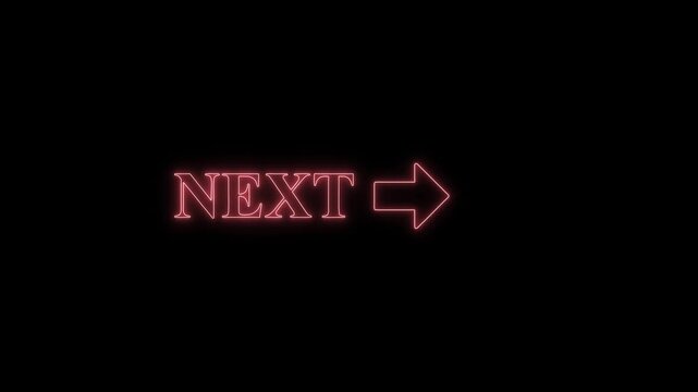 Neon red next button with arrow sign pulsing light effect on black background for user interface navigation web design.