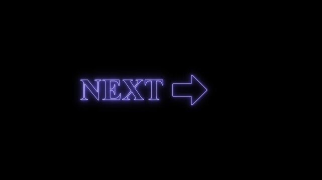 Neon blue text next with arrow symbol glowing on black background for digital interface website navigation video footage.