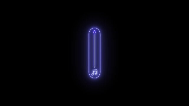 Volume control slider with music note icon glows with purple neon light on black background dynamic motion loop.