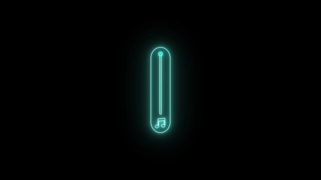 Neon blue vertical sound volume slider graphic interface element with glowing music icon isolated on dark black background.
