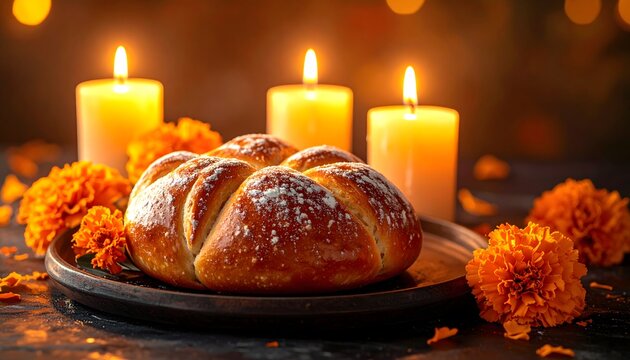 Pan dulce tradicional de D&iacute;a de Muertos junto a velas encendidas y flores de cempas&uacute;chil en una composici&oacute;n c&aacute;lida y festiva