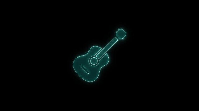 Acoustic guitar icon glowing with neon light animation isolated on black background for musical performance motion clip.