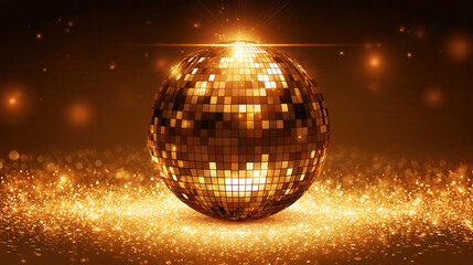 Fototapeta premium Sparkling disco ball glowing golden light reflections party holiday visuals.