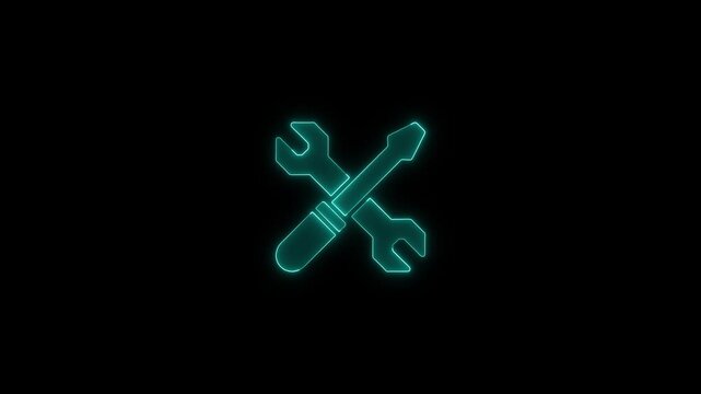 Neon blue wrench and screwdriver crossed icon pulsating on black background digital animation for industrial tech branding.