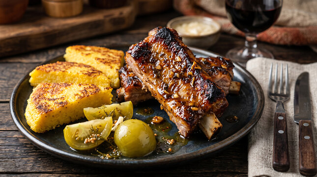 Hyper Realistic 9K Three Quarter Angle Close Up Moldovan Costita Pork Ribs with Mamaliga Food Photography