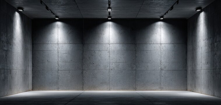Empty dark room with concrete walls and ceiling illuminated by multiple bright spotlights creating dramatic shadows and textures
