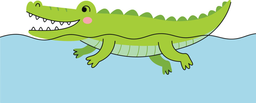Cute green crocodile swimming in blue water, friendly cartoon alligator vector illustration, happy reptile character for children education