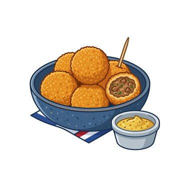 Traditional Dutch Style Bitterballen Crispy Fried Meatball Snack Served with Mustard Hand Drawn Vector Art