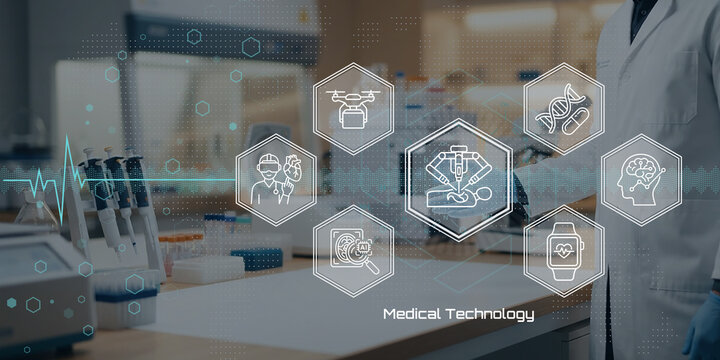 Modern medical technology innovation in a clinical lab with digital icons for healthcare and biomedical research