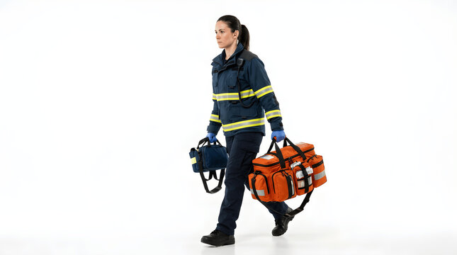 Female emergency responder walking with orange medical rescue bag and protective gear isolated on white background for ambulance, paramedic and first aid themes

