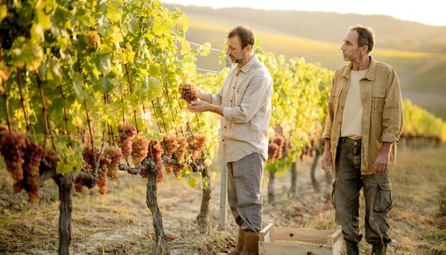 Dos personas observando y revisando racimos de uvas en un vi&ntilde;edo iluminado por la luz c&aacute;lida del atardecer